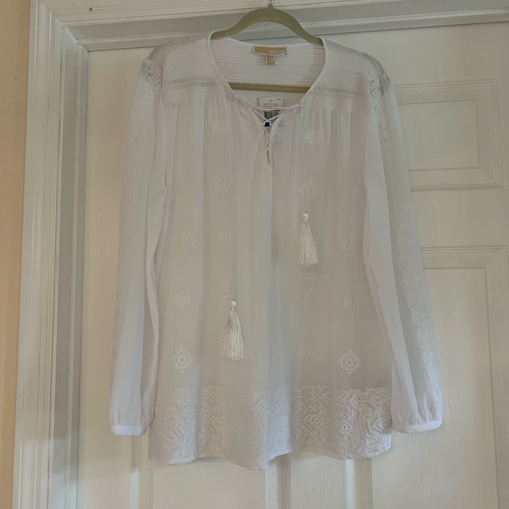 NEW!! Michael Kors White Embroidered Blouse with Tassels